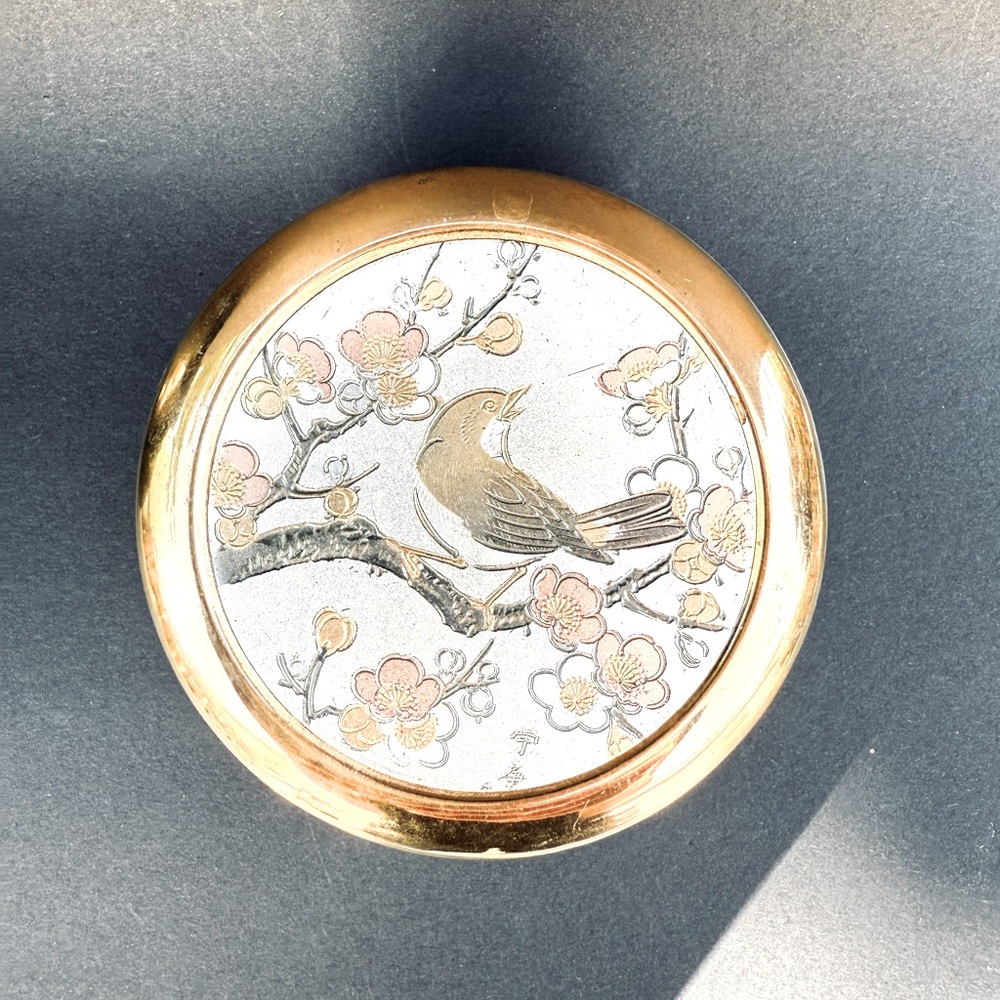 Art of Chokin 24 kt Gold Edged Porcelain bird blossom Flower Trinket box dish